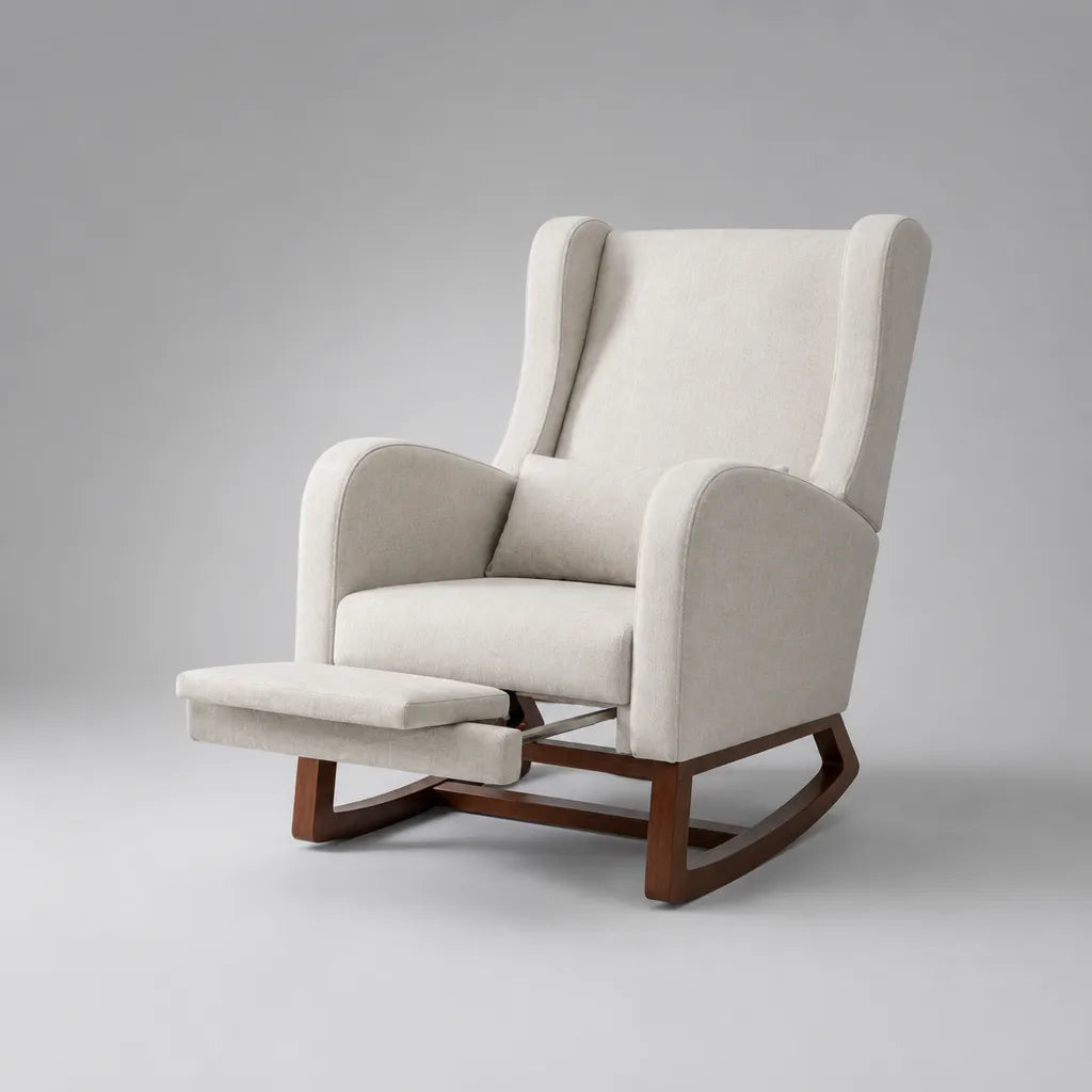 Fauteuil à bascule inclinable avec repose-pieds en tissu et bois, dossier à oreilles, beige et brun noyer, 76 × 90 × 102 cm