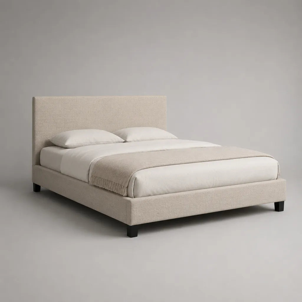 Cadre de lit double rembourré en polyester beige et noir, couchage 160 × 200 cm, dimensions 170 × 218 × 110 cm
