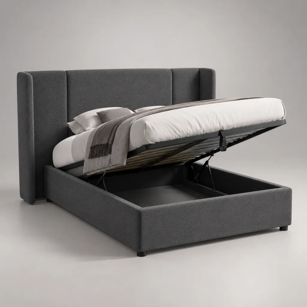 Lit coffre rembourré en tissu gris anthracite 160 × 200 cm avec tête de lit, sommier à lattes et mécanisme de relevage