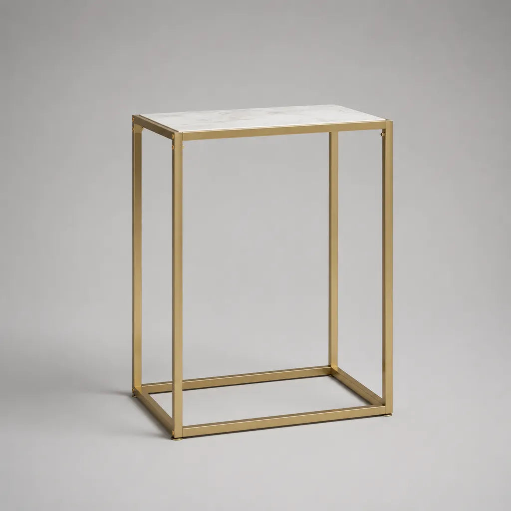 Table d’appoint rectangulaire en acier doré et MDF effet marbre blanc, 45 × 30 × 60 cm