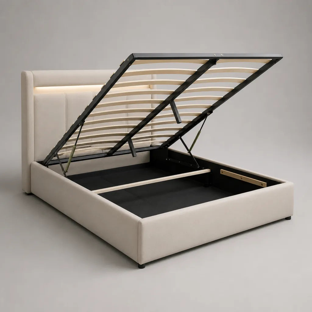 Lit coffre double rembourré en tissu beige et métal noir, couchage 160 × 200 cm, dimensions 215 × 172 × 110 cm, sommier à lattes et éclairage DEL