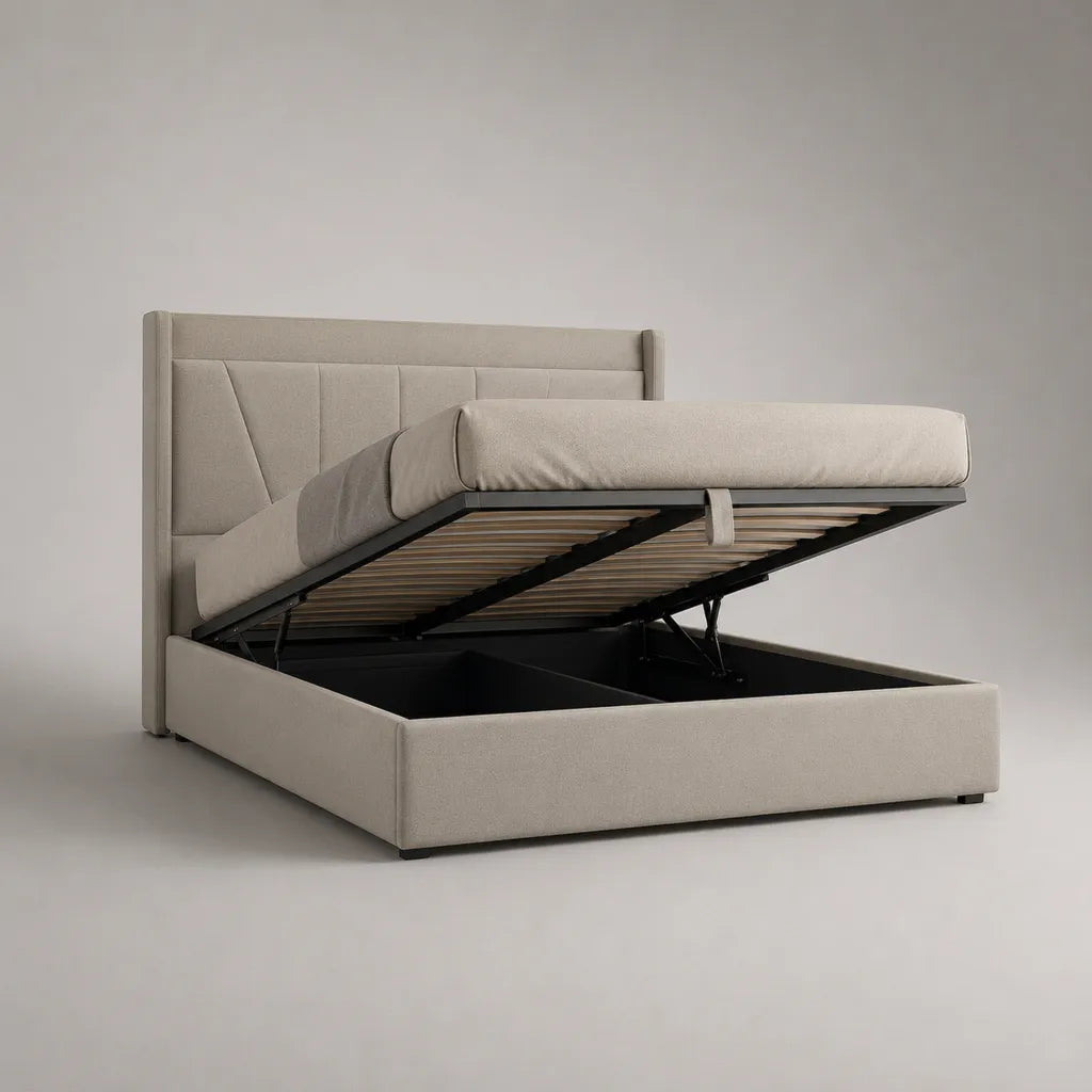 Lit coffre double rembourré en tissu beige 160 × 200 cm avec structure en bois et métal noire, sommier à lattes et tête de lit