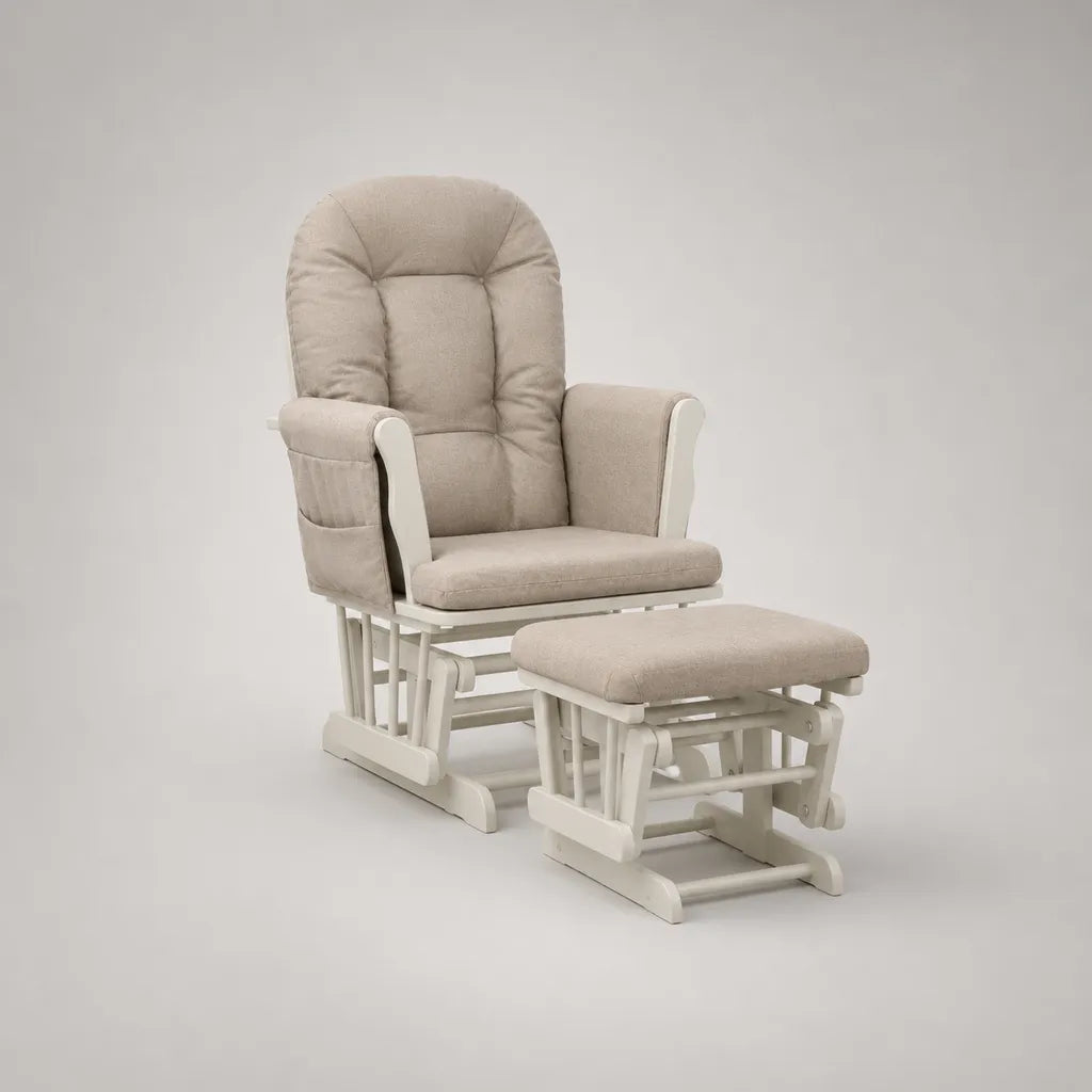 Ensemble fauteuil à bascule et repose-pieds oscillant en bois et tissu polyester beige et blanc – fauteuil 69 × 76 × 104 cm, repose-pieds 51 × 40 × 36 cm