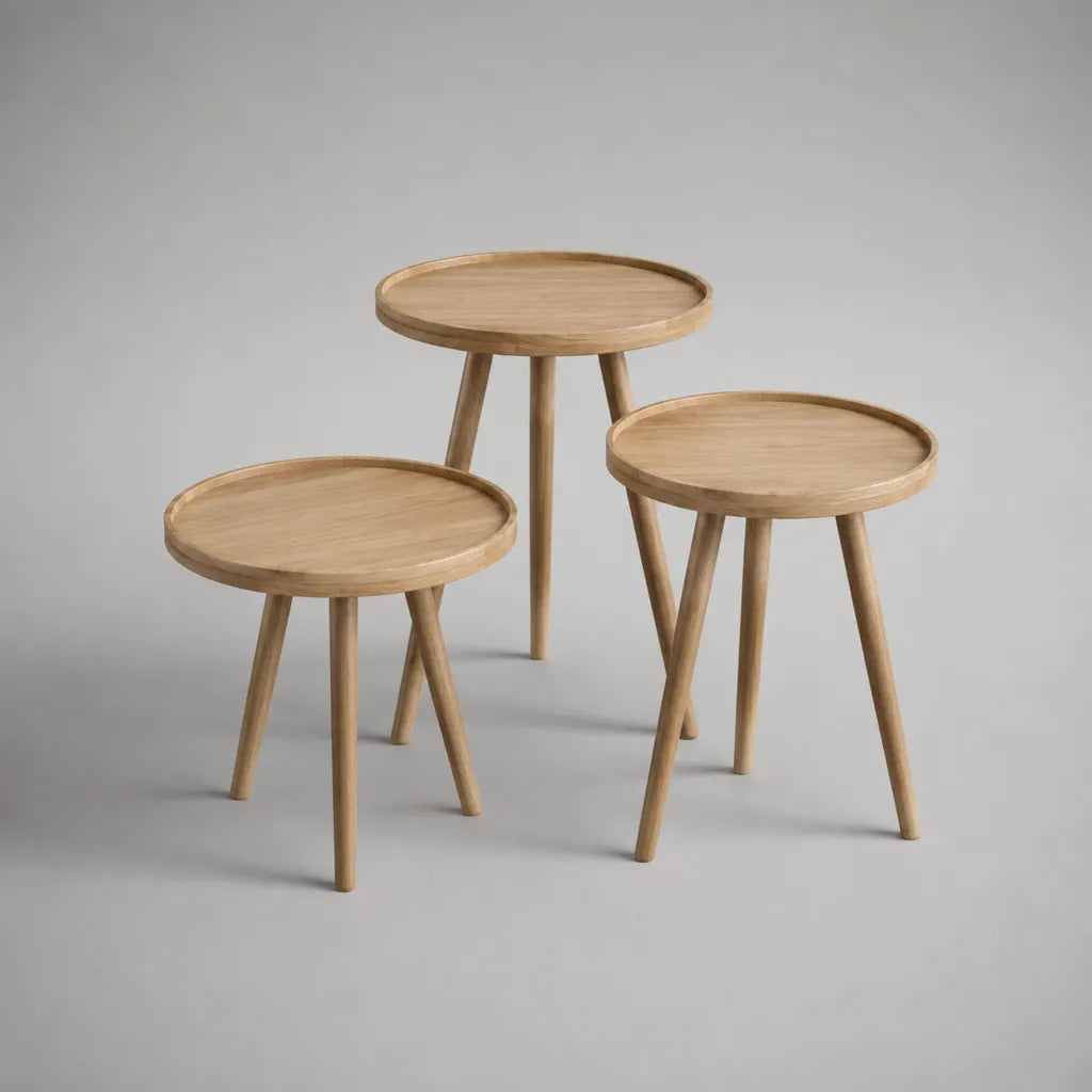 Lot de 3 tables d’appoint rondes en bois massif d’hévéa naturel, Ø 45 cm, hauteurs 45, 55 et 65 cm
