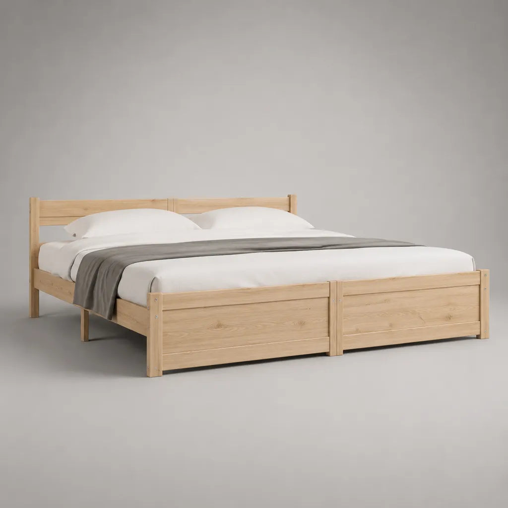Lit double avec rangement 160 × 200 cm en pin massif bois naturel, sommier à lattes et 2 tiroirs