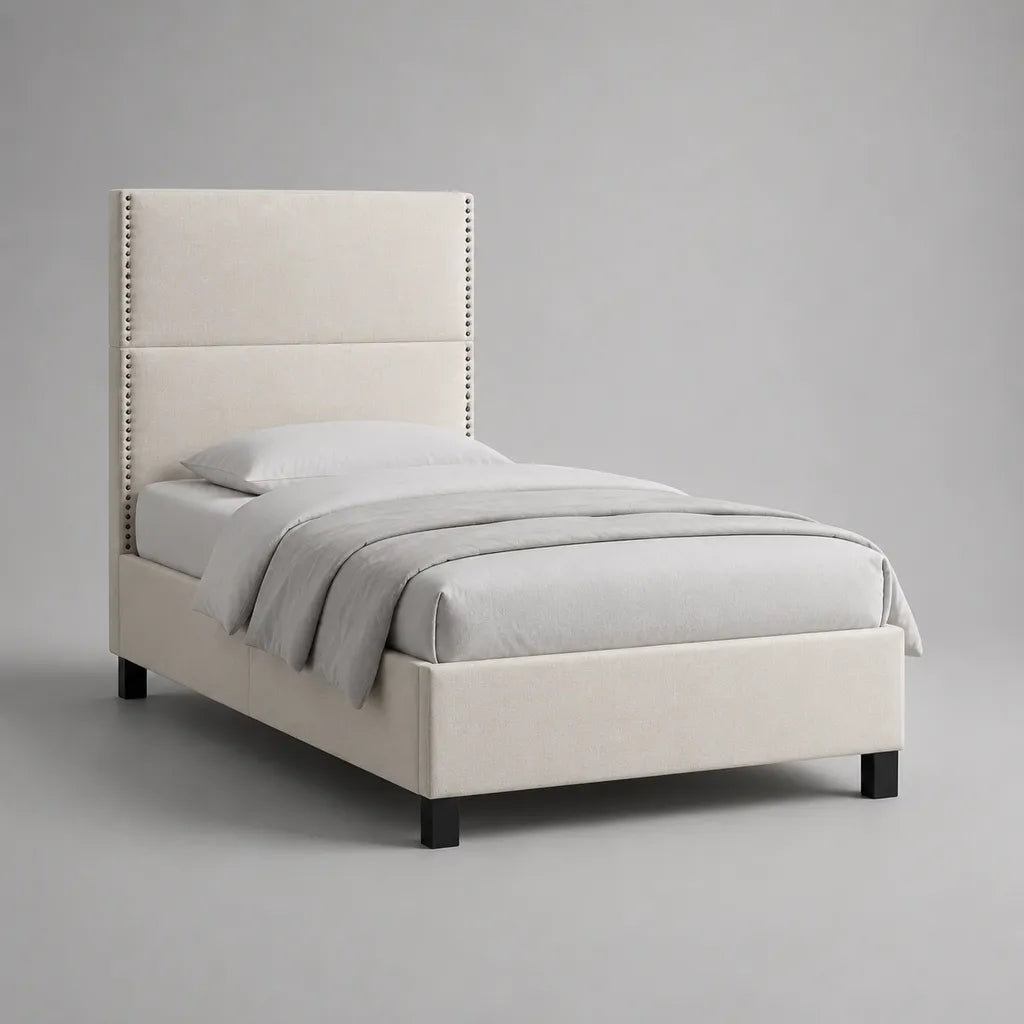 Lit simple 90 × 190 cm en tissu beige et noir avec tête de lit haute cloutée, 203 × 102 × 150 cm