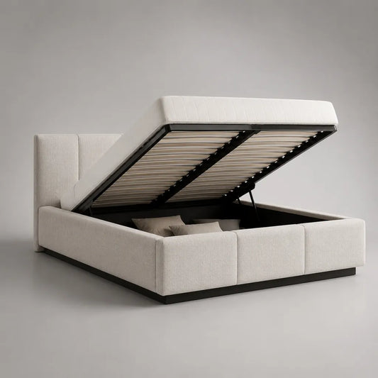 Lit coffre double rembourré en tissu blanc cassé avec sommier relevable à lattes, couchage 160 × 200 cm, dimensions 220 × 184 × 112 cm