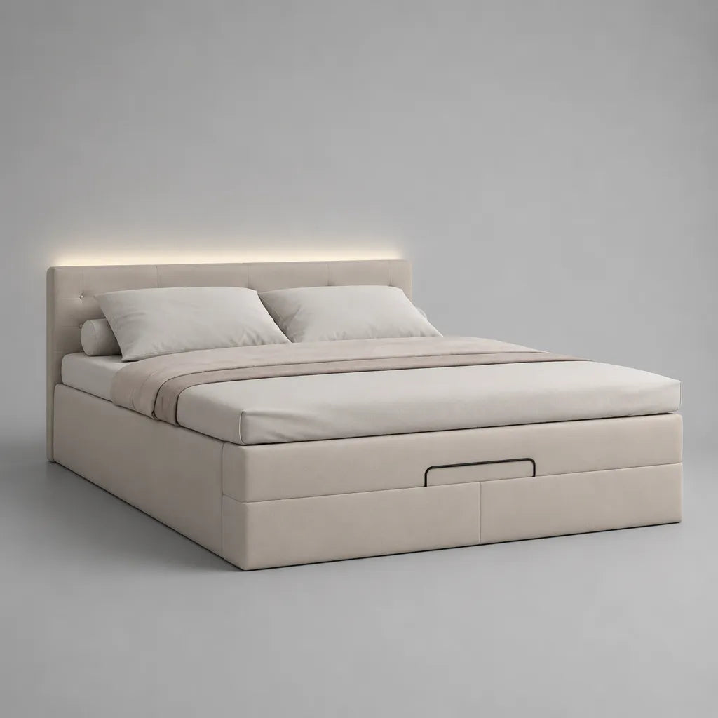 Lit coffre beige 160 × 200 cm avec sommier relevable, tête de lit capitonnée à éclairage LED et revêtement en tissu