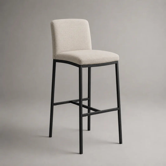 Tabouret de bar en tissu beige avec dossier et structure en acier noir, 48 × 53 × 105 cm, assise à 75 cm