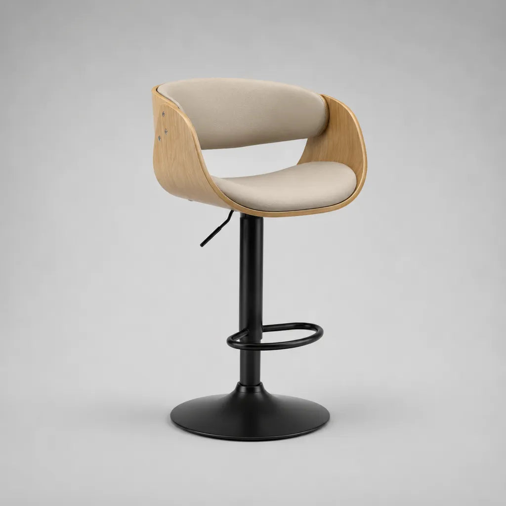 Tabouret de bar réglable et pivotant en bois, métal et revêtement beige avec dossier et repose-pieds, 54 x 50 x 87-108 cm