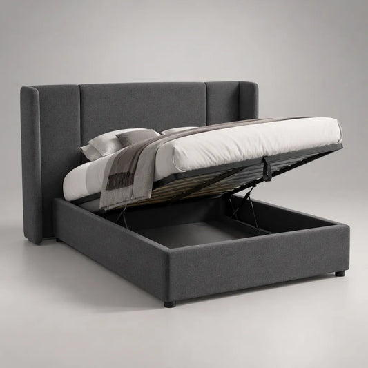 Lit coffre rembourré en tissu gris anthracite 160 × 200 cm avec tête de lit, sommier à lattes et mécanisme de relevage