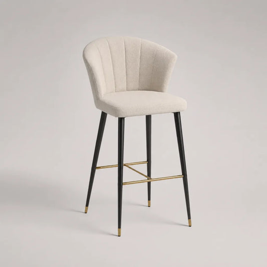 Tabouret de bar rembourré en polyester bouclé et acier, beige, noir et doré, 52 × 55 × 102 cm, hauteur d’assise 75 cm