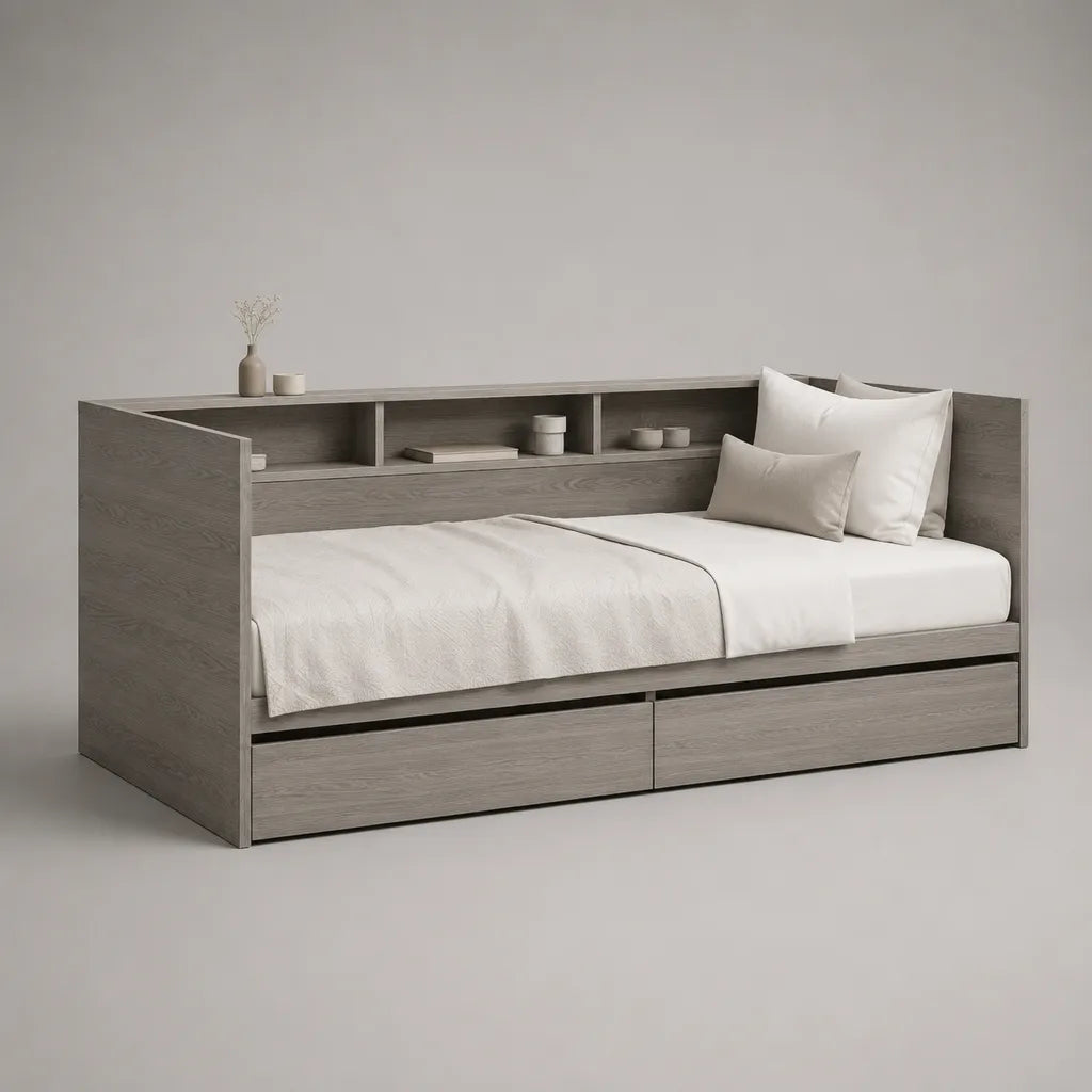 Lit banquette 1 place en panneaux de particules mélaminés gris chêne avec 2 tiroirs et 4 compartiments, couchage 90 × 200 cm, dimensions 217 × 103 × 105 cm