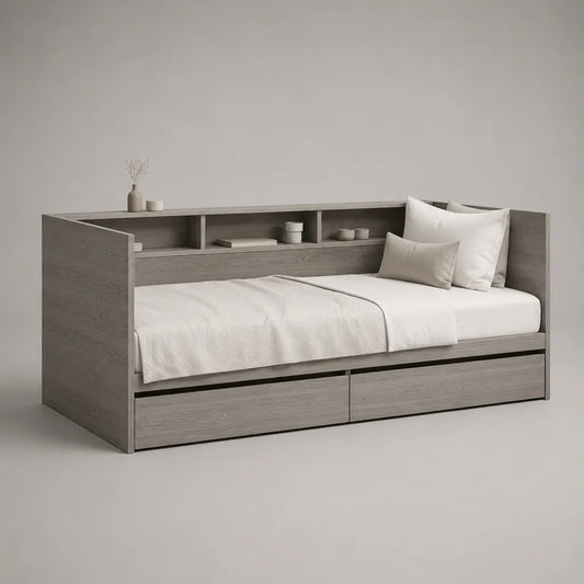 Lit banquette 1 place en panneaux de particules mélaminés gris chêne avec 2 tiroirs et 4 compartiments, couchage 90 × 200 cm, dimensions 217 × 103 × 105 cm