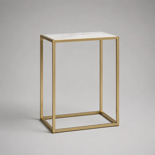Table d’appoint rectangulaire en acier doré et MDF effet marbre blanc, 45 × 30 × 60 cm