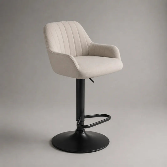 Tabouret de bar réglable et pivotant en polyester beige avec accoudoirs et pied en acier noir, 55 × 52 × 88-109 cm
