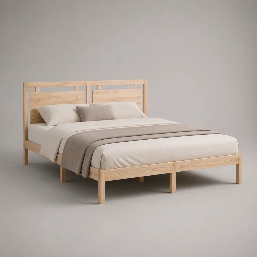 Cadre de lit double 180 × 200 cm en pin massif naturel avec tête de lit et sommier à lattes