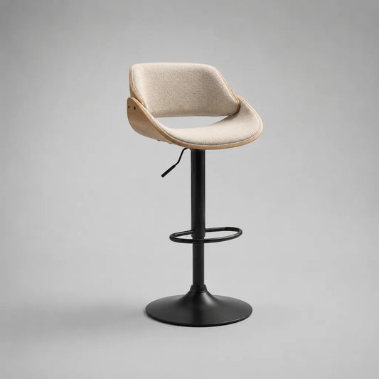 Tabouret de bar réglable et pivotant en polyester bouclé, contreplaqué et acier, 54 × 51 × 88-109 cm, beige, bois clair et noir