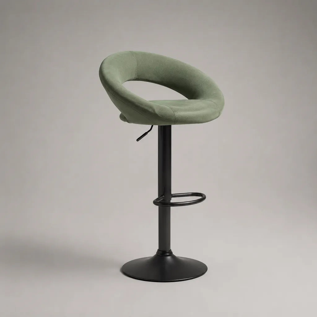 Tabouret de bar pivotant réglable en tissu effet velours et métal noir, vert sauge, 52 × 48 × 85-106 cm
