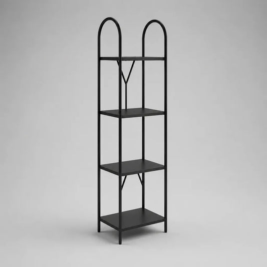 Bibliothèque étroite à 4 niveaux en acier et bois, noire, 40 × 30 × 140 cm