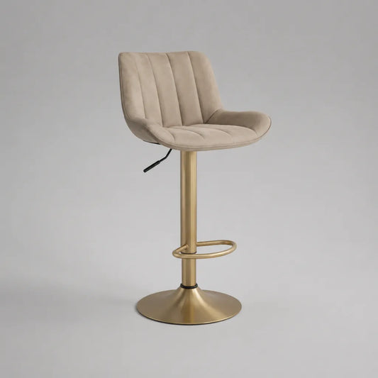Tabouret de bar réglable et pivotant en velours polyester beige avec pied en acier doré, 54 × 50 × 84-105 cm