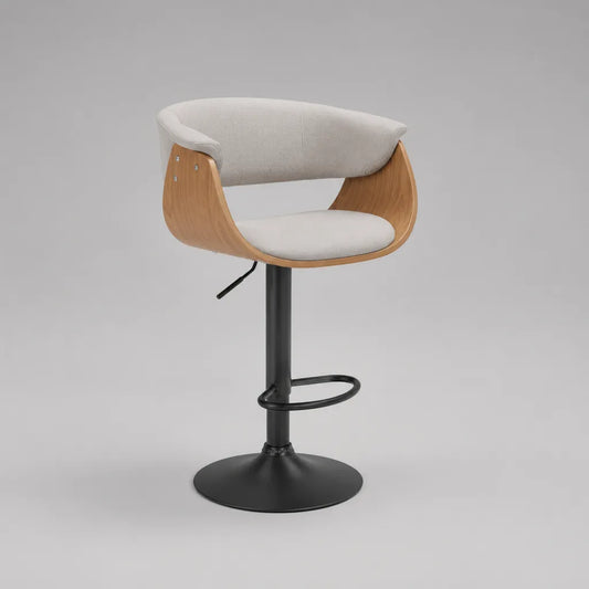 Tabouret de bar réglable et pivotant en tissu, bois et métal, beige, chêne naturel et noir, 52 × 50 × 86-107 cm