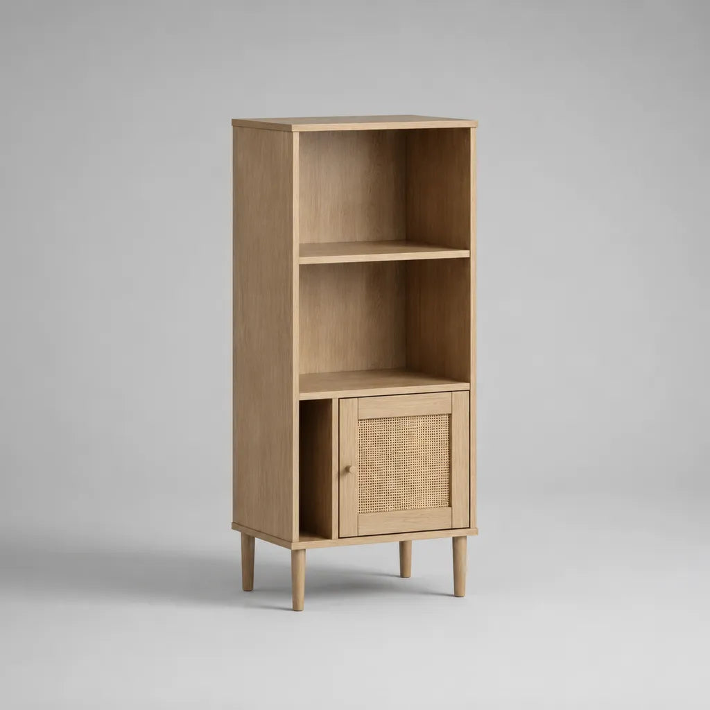 Bibliothèque étroite en bois avec porte en rotin et 3 niches, beige et marron clair, 60 × 35 × 160 cm