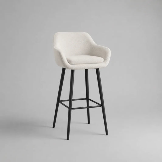 Tabouret de bar rembourré en tissu bouclé blanc cassé avec pieds en acier noir, 56 × 57 × 103 cm, hauteur d’assise 75 cm