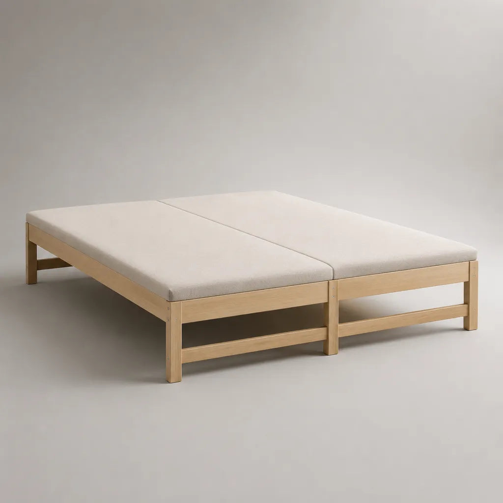 Lot de 2 lits simples en pin massif avec matelas en mousse, bois naturel et blanc cassé, 90 × 200 cm par lit