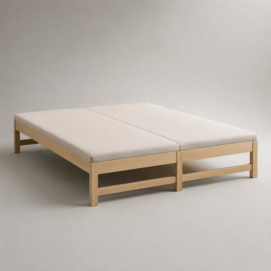 Lot de 2 lits simples en pin massif avec matelas en mousse, bois naturel et blanc cassé, 90 × 200 cm par lit