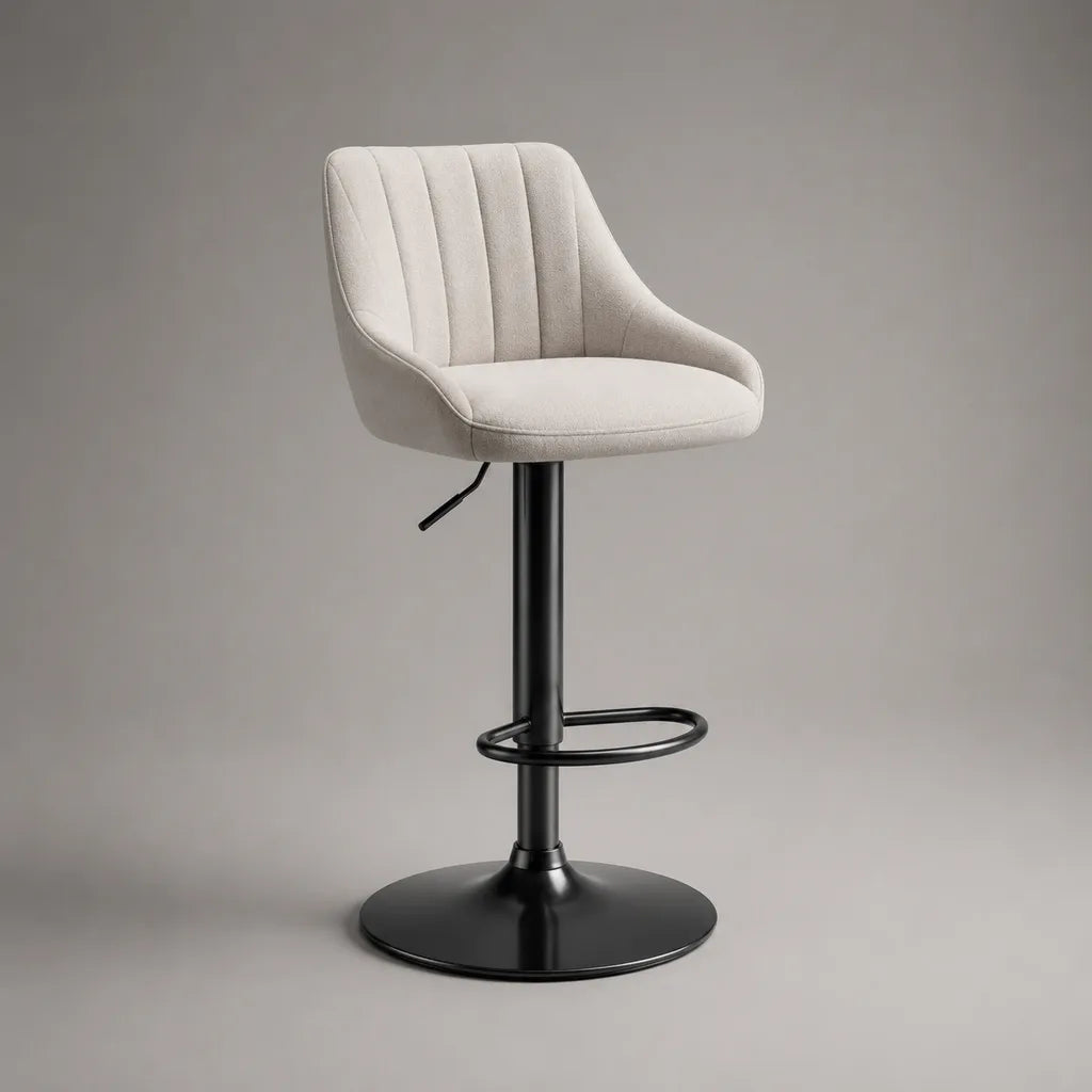 Tabouret de bar pivotant réglable en polyester beige et acier noir, 52 × 50 × 88-109 cm
