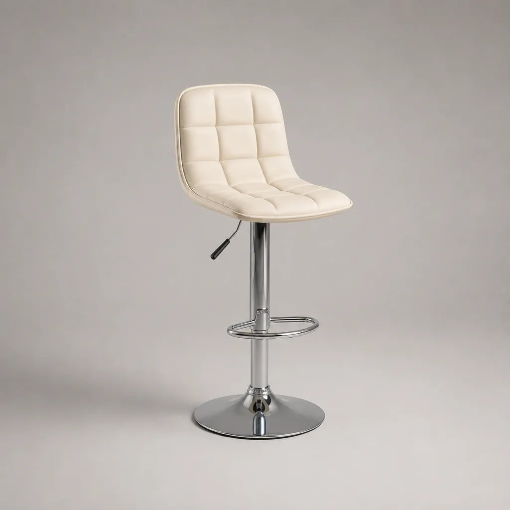 Tabouret de bar réglable et pivotant en similicuir beige et métal chromé, 42 × 48 × 86–107 cm