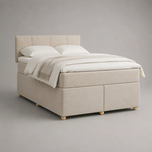 Lit continental double rembourré beige avec matelas à ressorts ensachés et tête de lit, couchage 160 × 200 cm