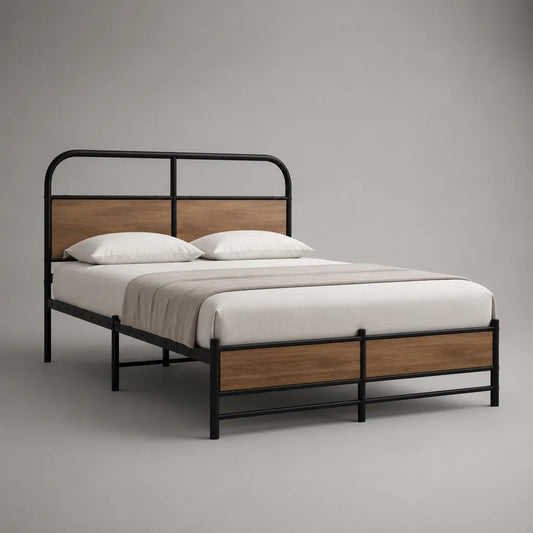 Cadre de lit double 140 x 190 cm en acier noir et MDF décor chêne naturel